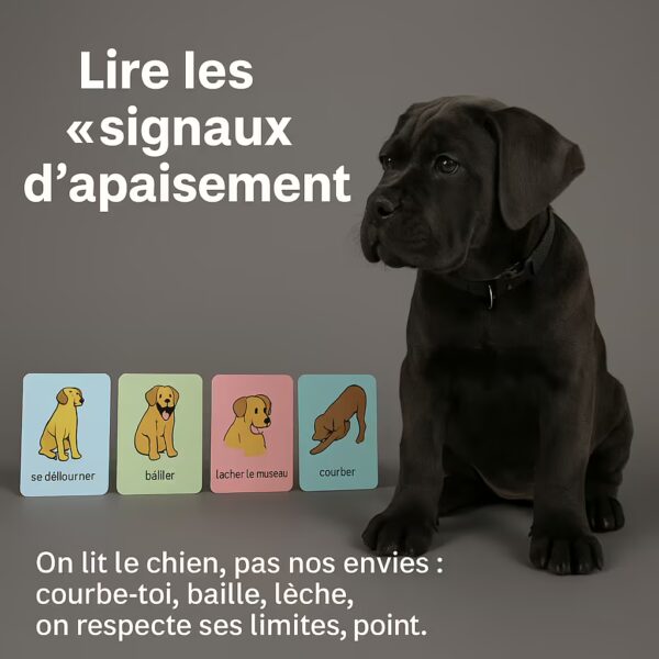 Chiot Cane Corso en studio posé près de cartes illustrant les signaux d’apaisement (détournement de tête, bâillement, léchage, posture courbée).