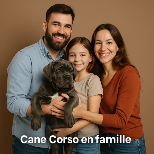 cane corso dans les bras de sa famille 
