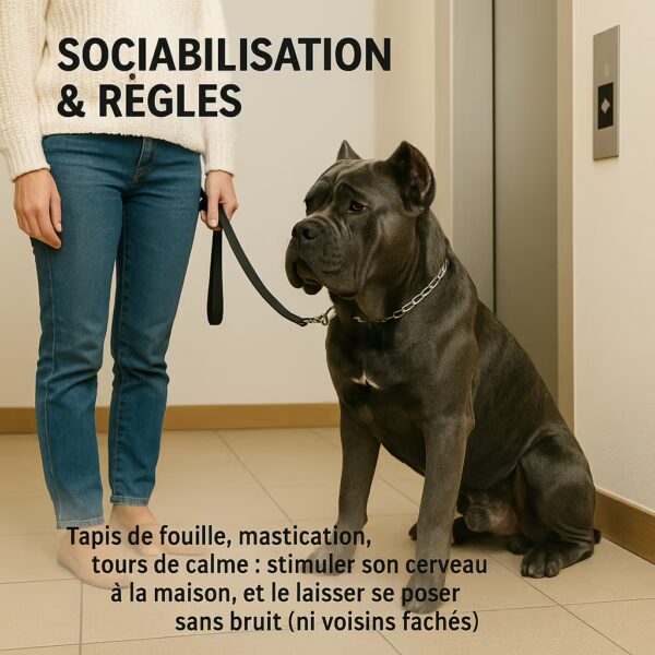 Cane Corso assis en laisse courte devant un ascenseur ; règles de vie en parties communes : assis/attends, croiser sans tirer.