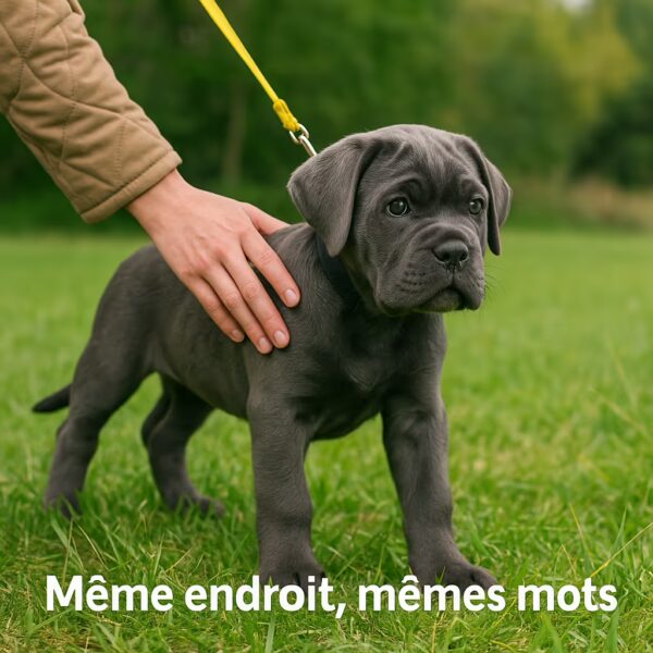 Chiot Cane Corso en laisse au même lieu d’élimination dans un parc, signal verbal constant pour la propreté.