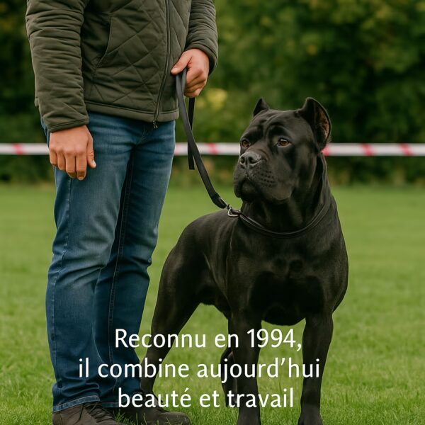 Cane Corso tenu en laisse sur pelouse, à côté de son maître ; rappel de la reconnaissance officielle en 1994 et de la double vocation beauté/travail.