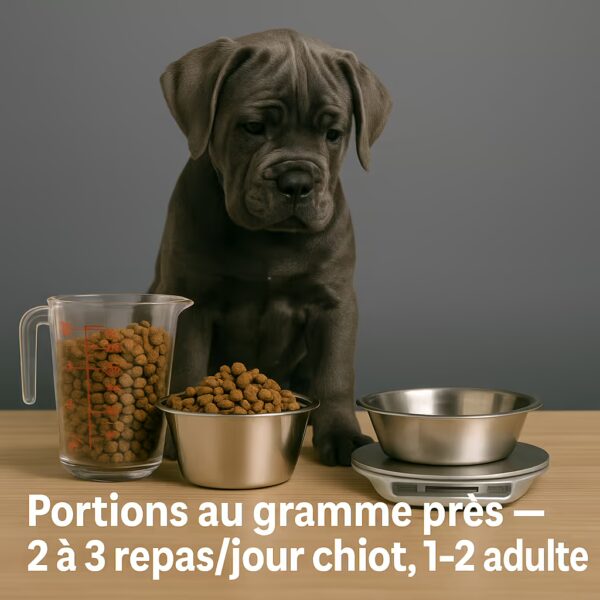 Chiot Cane Corso devant balance, gobelet doseur et deux gamelles ; portions pesées au gramme (chiot 2–3 repas/jour, adulte 1–2).