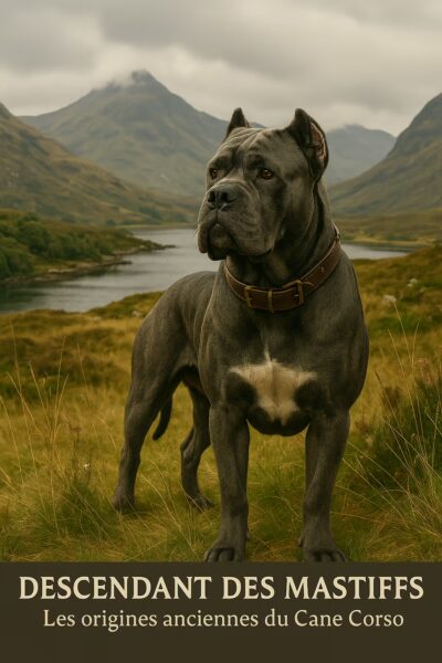 Cane Corso debout dans un paysage de montagnes et de lacs, posture fière et puissante ; évocation de l’héritage molosse/mastiff.