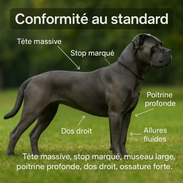 Cane Corso de profil en extérieur avec annotations : tête massive, stop marqué, museau large, poitrine profonde, dos droit.