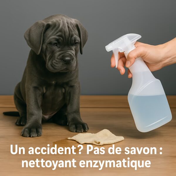 Accident de propreté : chiot Cane Corso, flaque nettoyée au spray enzymatique, sans punition.