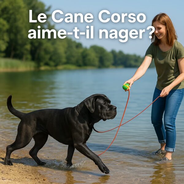 Cane Corso sur longe avançant depuis la plage vers l’eau, guide tenant un jouet au bord d’un lac