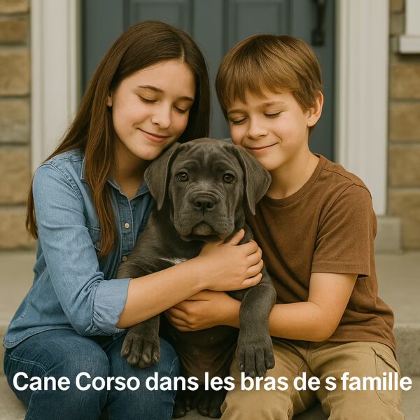 cane corso dans les bras de sa famille
