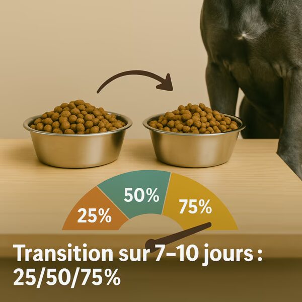 Deux gamelles (ancien/nouvel aliment) et schéma 25/50/75 ; transition sur 7–10 jours, Cane Corso partiellement visible à droite.