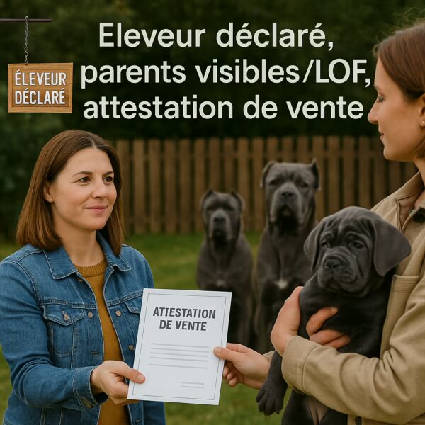 Éleveur déclaré remettant une attestation de vente à un propriétaire tenant un chiot Cane Corso ; parents visibles et inscrits LOF.