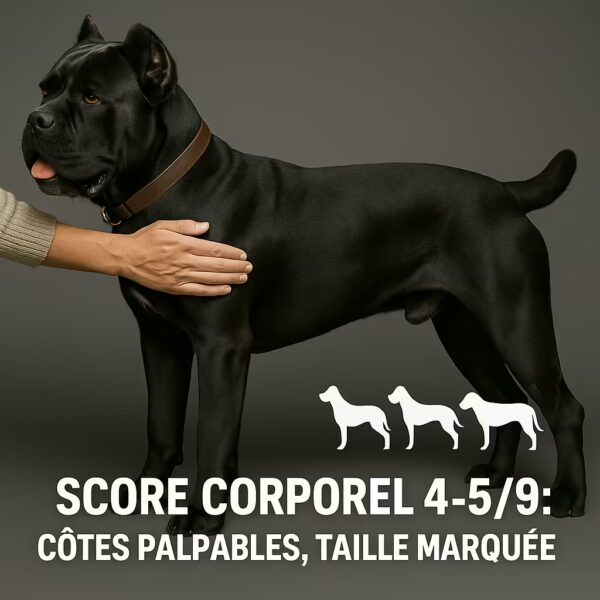 Cane Corso de profil, main palpant les côtes avec graphique de score corporel 4–5 sur 9