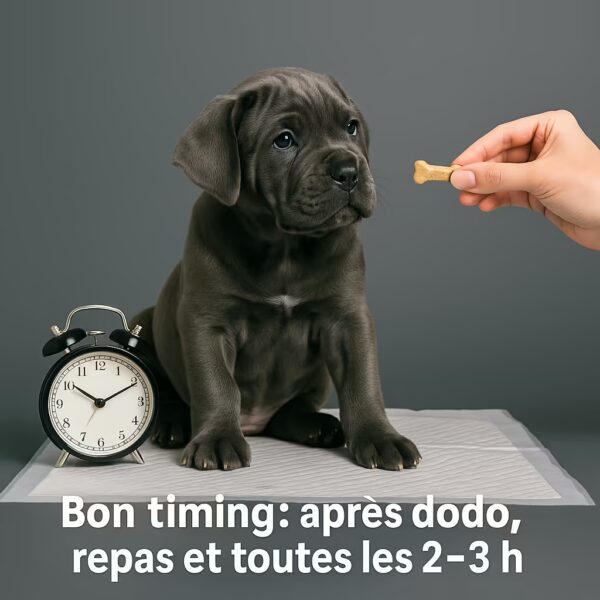 Chiot Cane Corso sur alèse avec réveil et friandise ; sorties après sommeil, repas et toutes les 2–3 heures.