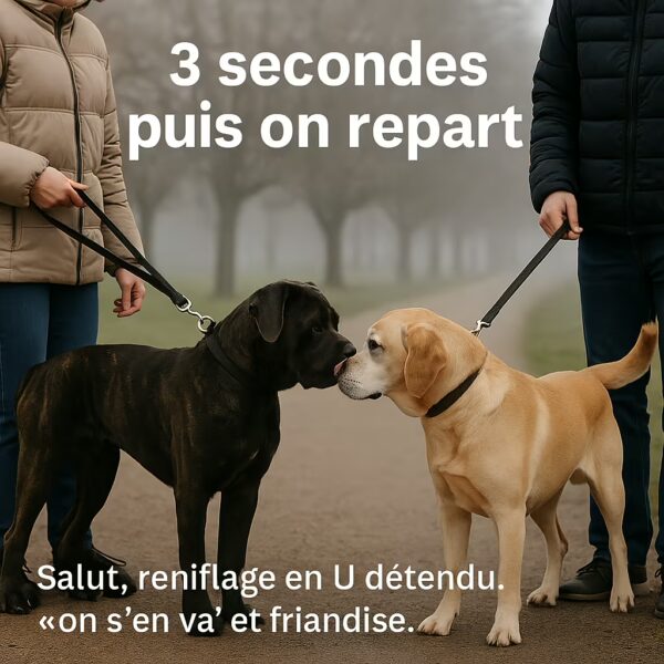 Cane Corso et Labrador se saluent brièvement museau à museau ; règle des 2–3 secondes puis on repart, friandise à la clé.
