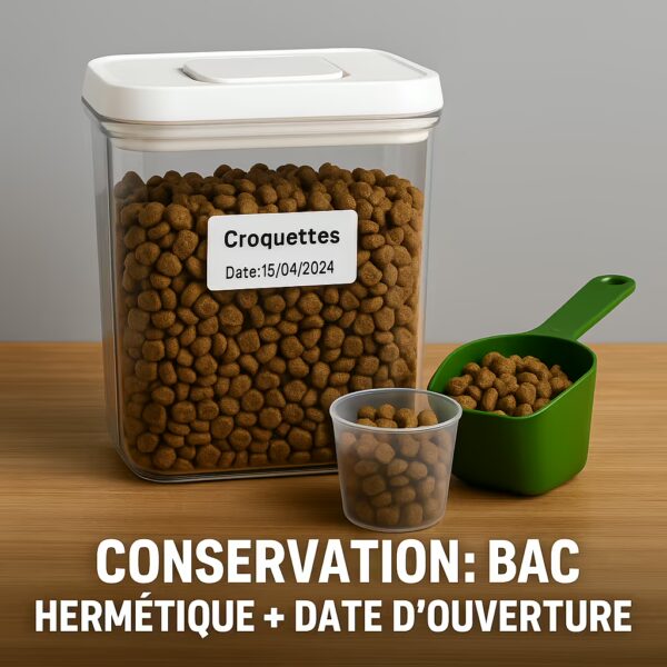 Contenant hermétique de croquettes avec étiquette date d’ouverture, doseur et gobelet doseur