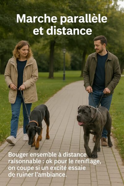 Deux chiens marchant en parallèle au parc avec leurs maitres, distance respectée et reniflage libre pour une rencontre sereine.