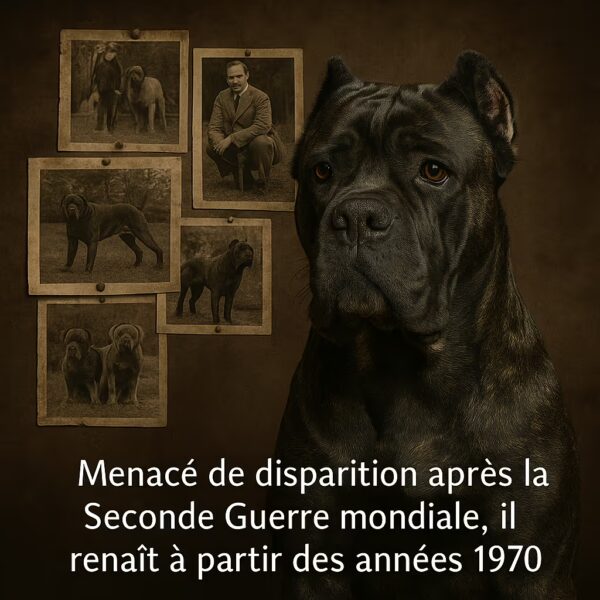 Portrait de Cane Corso devant un mur de photos anciennes sépia ; mention de la menace de disparition après la Seconde Guerre mondiale et de la relance dans les années 1970.