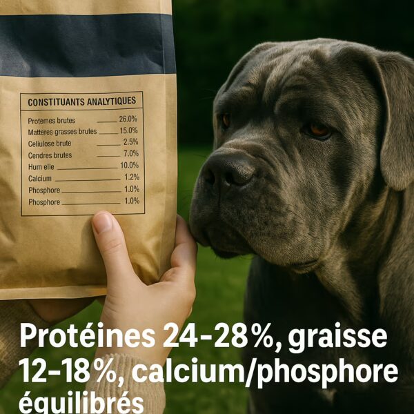 Main lisant l’étiquette d’un sac de croquettes près d’un Cane Corso ; viser protéines 24–28 %, graisses 12–18 %, calcium/phosphore équilibrés.