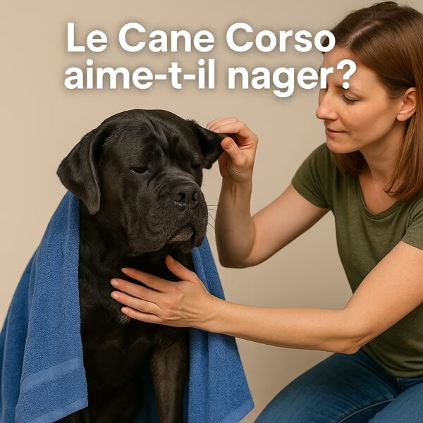 Cane Corso mouillé séché à la serviette en studio, personne vérifiant l’oreille pour prévenir les otites.