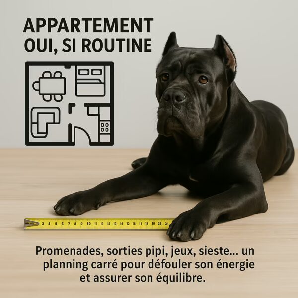 Cane Corso allongé à côté d’un plan d’appartement ; message « appartement oui si routine » mettant l’accent sur 3–4 sorties et horaires réguliers.