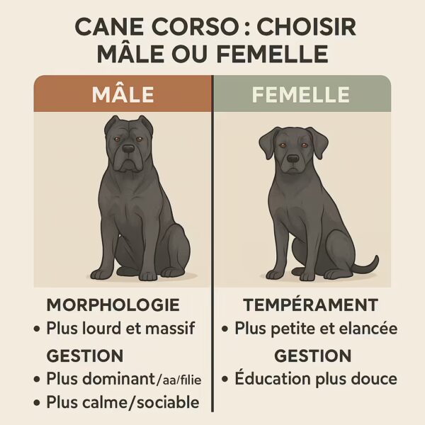 Infographie 1080×1080 : Cane Corso mâle vs femelle — différences de morphologie (mâle plus massif, femelle plus élancée), tempérament et gestion