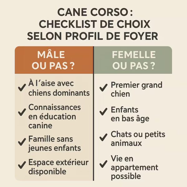 Infographie 1080×1080 : checklist pour choisir un Cane Corso selon le foyer — à l’aise avec chiens dominants (mâle) vs premier grand chien/enfants/chats/appartement (femelle).
