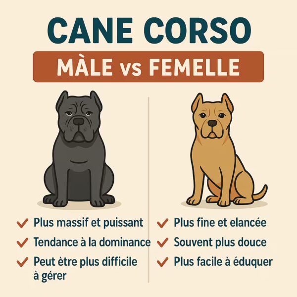 Infographie 1080×1080 : Cane Corso mâle vs femelle — mâle plus massif/puissant, tendance à la dominance, gestion plus technique ; femelle plus fine, souvent plus douce et plus facile à éduquer. »