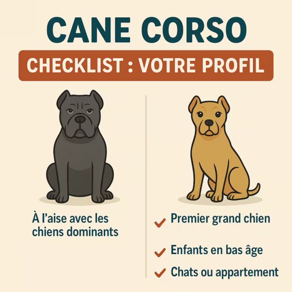 Infographie 1080×1080 : checklist choix Cane Corso — à l’aise avec chiens dominants (profil pour mâle) ; premier grand chien, enfants en bas âge, chats/appartement (profil pour femelle).