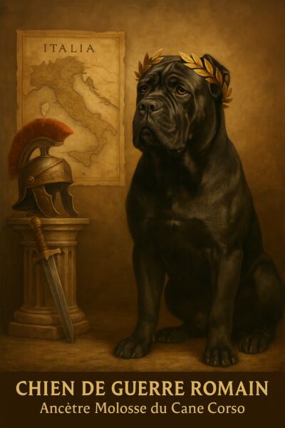 Illustration style peinture classique d’un Cane Corso coiffé d’une couronne de laurier, avec casque et glaive romains devant une carte de l’Italie ; référence aux origines canis pugnax.