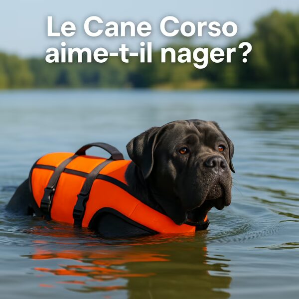 Cane Corso sur longe avançant depuis la plage vers l’eau, guide tenant un jouet au bord d’un lac.
