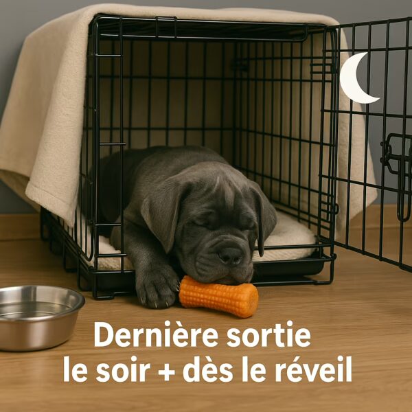 Chiot Cane Corso dormant dans une cage ouverte ; dernière sortie le soir et sortie dès le réveil pour ancrer la routine.