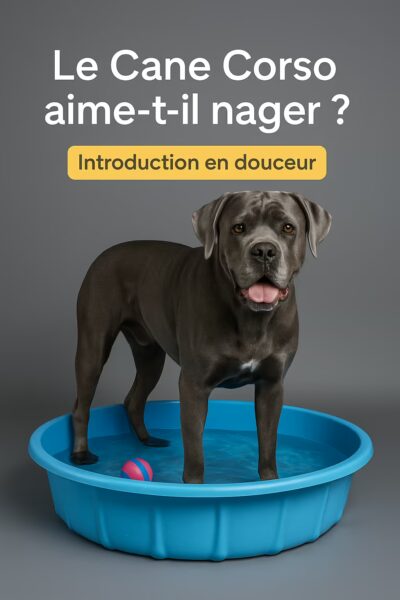 Cane Corso debout dans une petite piscine bleue en studio avec balle flottante ; découverte de l’eau en douceur.
