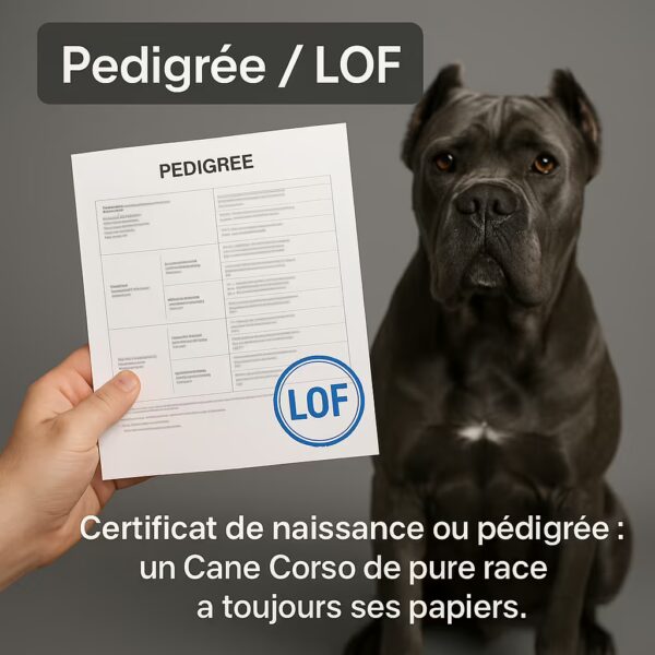 Main tenant un certificat de naissance/pédigrée LOF devant un Cane Corso ; preuve officielle d’un chien de pure race.