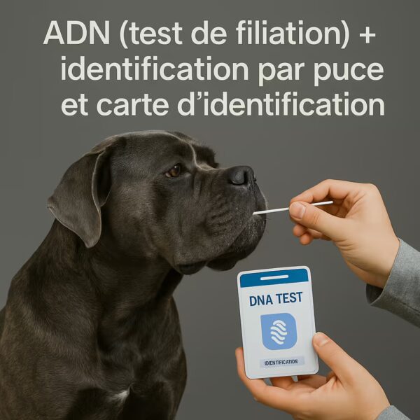 Gros plan d’un Cane Corso lors d’un prélèvement ADN avec kit et carte d’identification ; vérification de filiation et traçabilité.