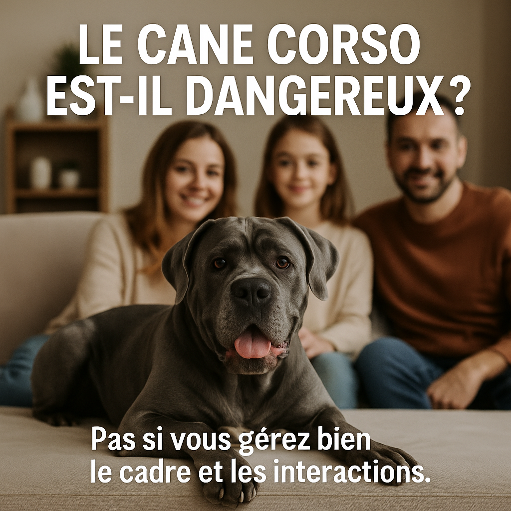 Cane Corso calme avec maître, texte “Mythe vs réalités : le tempérament dépend surtout de l’éducation et du contexte”