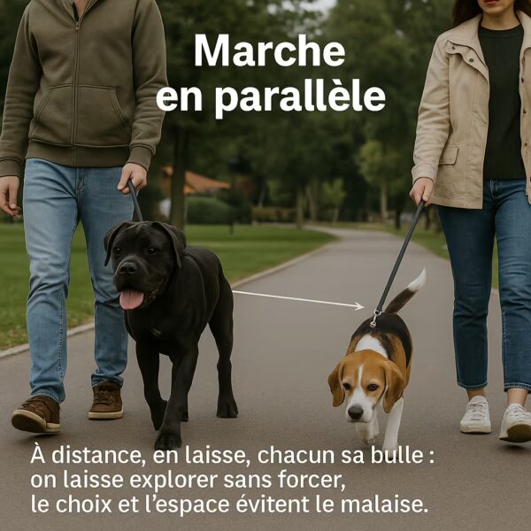 Cane Corso et Beagle en laisse, chacun dans sa “bulle” pendant une marche en parallèle, sans pression de contact.