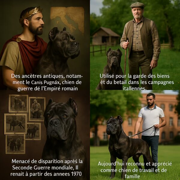 Montage 4 images retraçant l’histoire du Cane Corso : époque romaine, chien de ferme italien, quasi-disparition après 1945, puis chien moderne de travail et de famille.