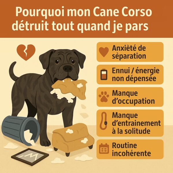 Infographie 1080×1080 : plan d’action pour un Cane Corso destructeur — à faire : enrichissement, dépense mentale/physique, désensibilisation aux départs, contre-conditionnement, jouets à mastiquer/Kongs, phéromones ; à éviter : punir, grands adieux, liberté totale, trop long seul trop vite.