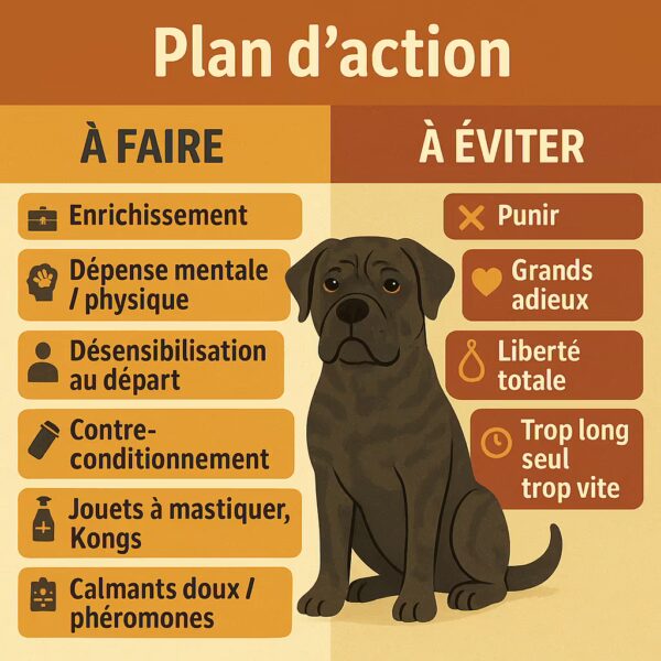 Infographie 1080×1080 : Cane Corso mâchouillant un coussin — causes de destructions en absence : anxiété de séparation, ennui/énergie non dépensée, manque d’occupation, absence d’entraînement à la solitude, routine incohérente.