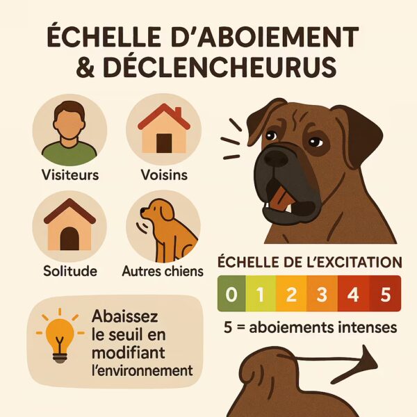 Infographie 1080×1080 : Échelle d’aboiement du Cane Corso (0→5) et principaux déclencheurs — visiteurs, voisins/bruits, solitude, autres chiens. Astuce : abaisser le seuil en modifiant l’environnement.